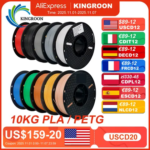 KINGROON 22LBS PETG or PLA filament 3D Printer Filament 10 Rolls 1KG 1.75MM Eco-Friendly Good Toughness Mix Color Free Shipping
