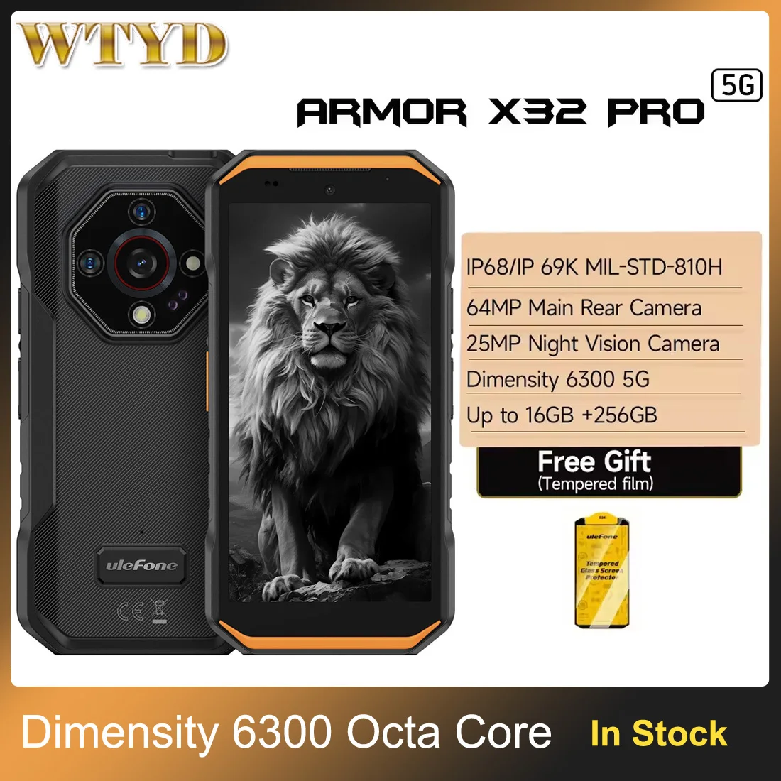 Ulefone Armor X32 Pro 5G هاتف متين 8GB + 256GB 6.56 بوصة أندرويد 14 كاميرا ليلية 64MP 6050mAh الأبعاد 6300 NFC الهاتف الذكي