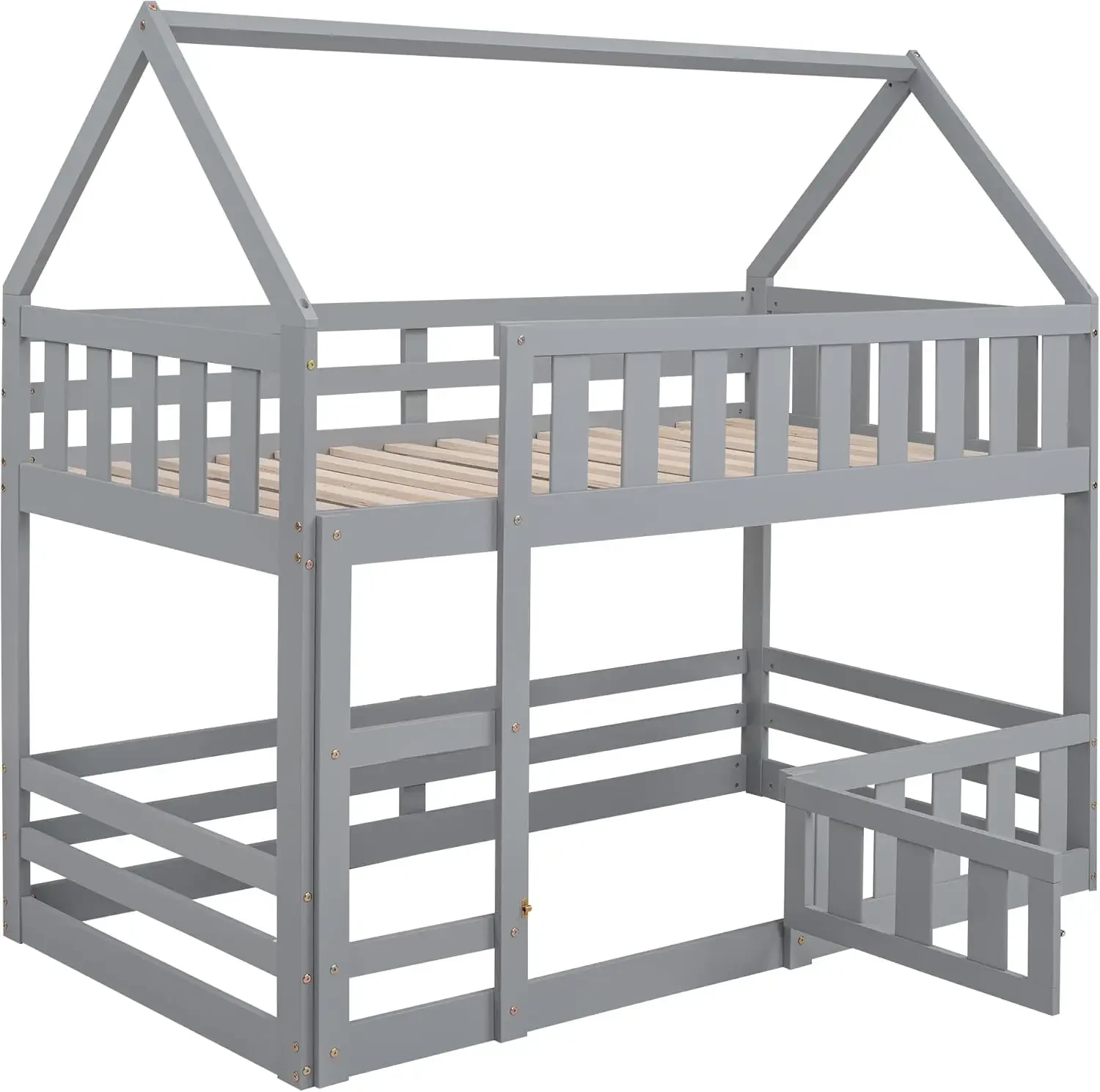 Beds House-Shaped Design Twin Over Twin Low Bunk Bed with Fence and Openable Door, Solid Wood House Bed Bunk Bed Frame