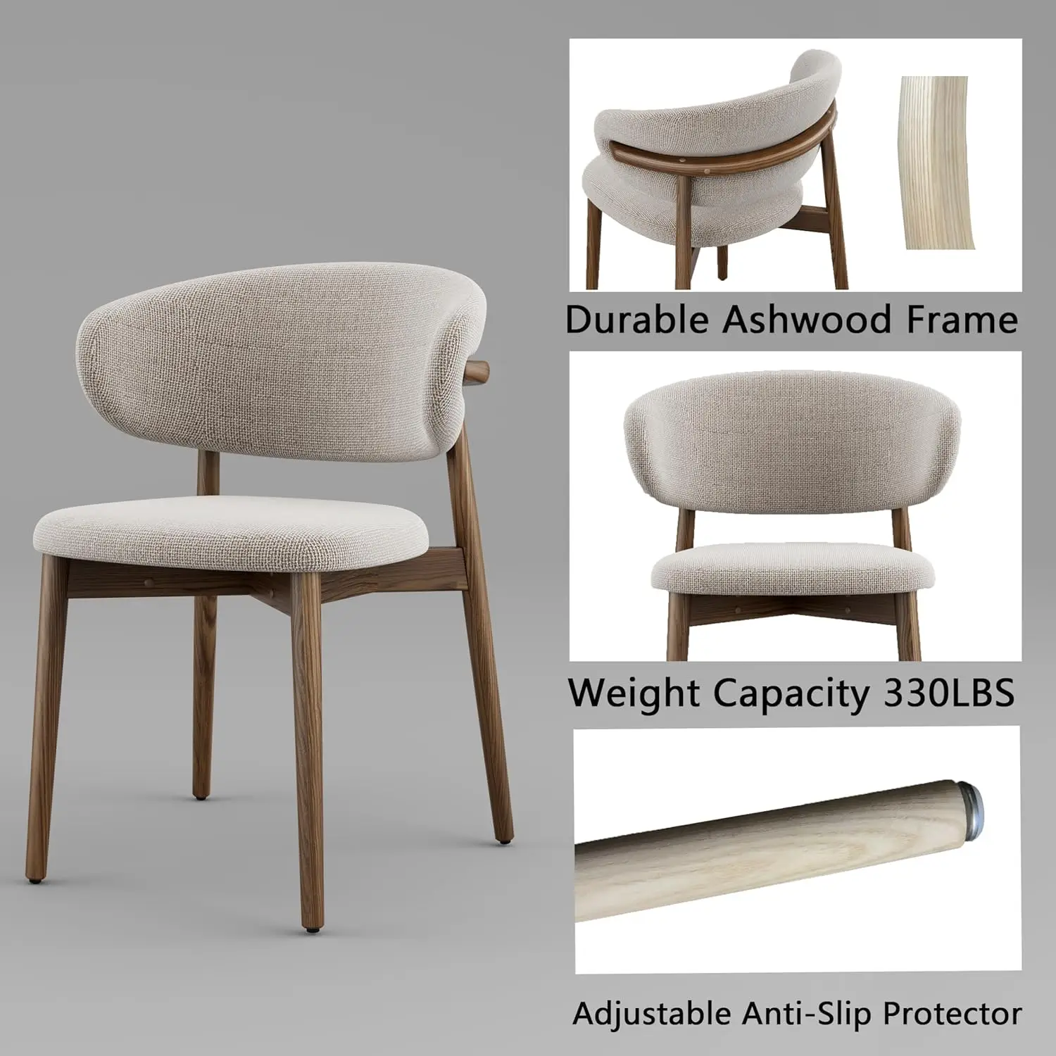 Solid Wood Dining Chairs Set of 2, Modern Upholstered Dining Chair with Curved Backrest, Natural Wood Legs image 5