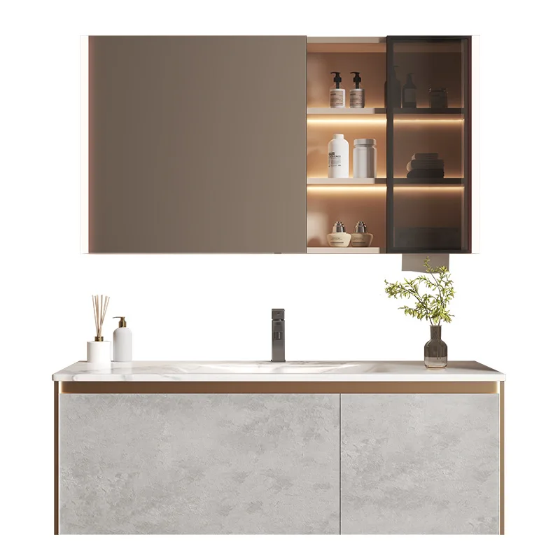 Hot curved rock slab integrated basin color matching washstand smart bathroom cabinet bathroom cabinet combination wholesale