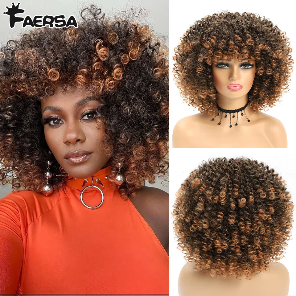 Peluca rizada Afro con flequillo, pelucas sintéticas cortas para mujeres negras, pelo de Cosplay sin pegamento, marrón Omber, Rubio, alta temperatura