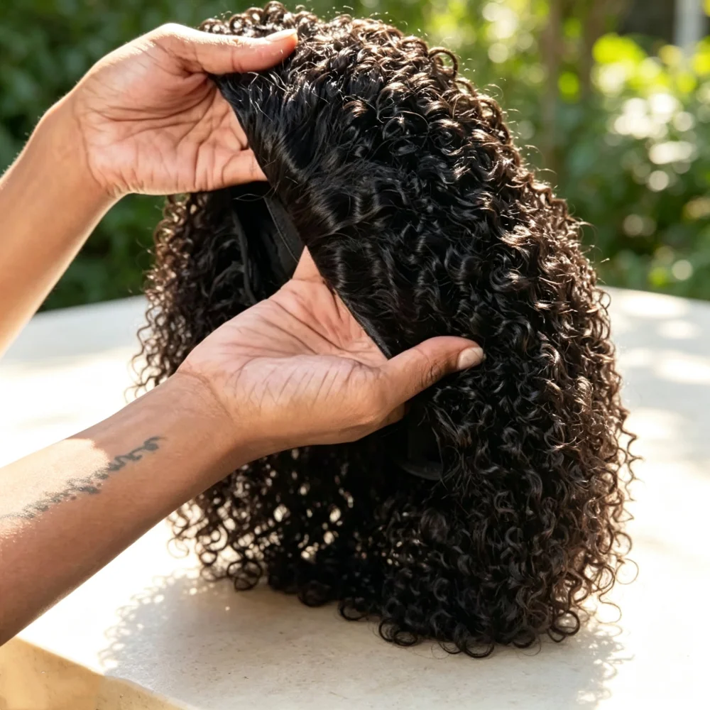 Burmese Curly Human Hair 3 IN 1 Half Wig For Women Drawstring Machine Headband Wig Human Hair Half Wig Easy Install Wigs