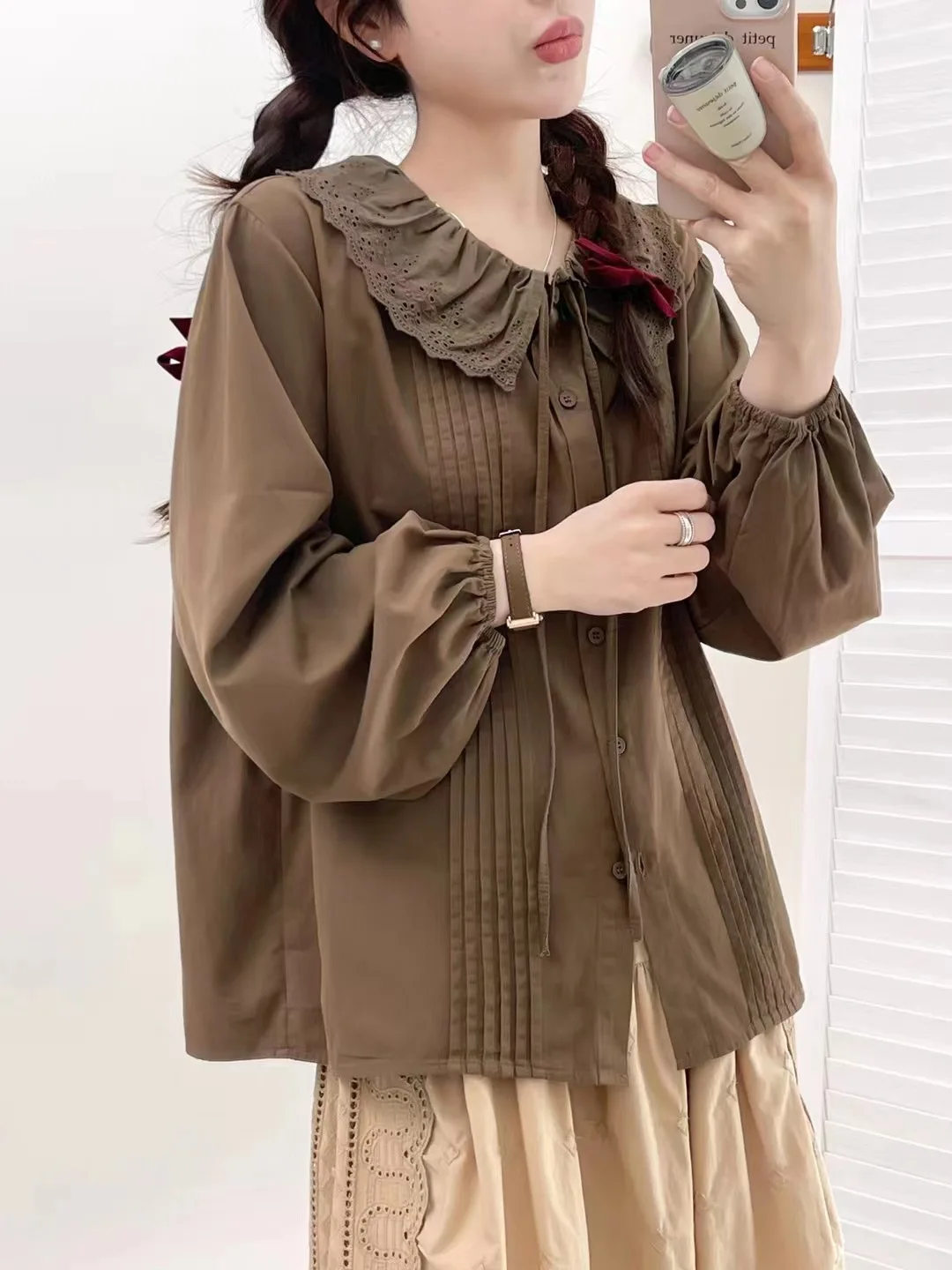 Bust 118cm mori kei cotton coffee shirts lace hollow out collar lace-up blouses women long sleeve tops vintage clothes