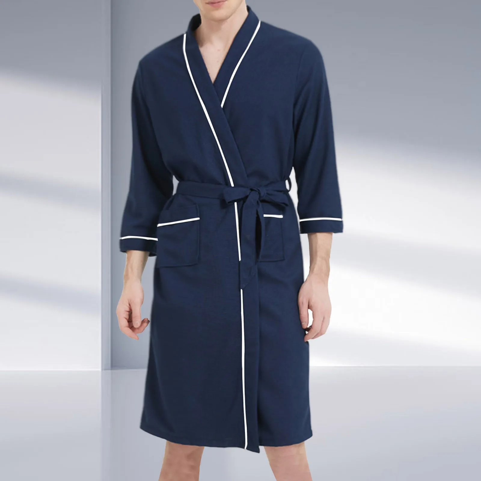 Mens Spa Bathrobe Autumn And Winter Solid Color Lace-Up Men\'s Pajamas Knee Length Male Bathrobe With Pockets Dress Night Gown