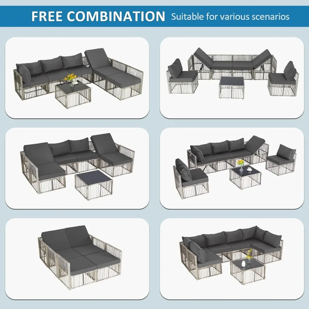 7-delige terrasmeubilairset, rieten sectionele conversatiebankset voor buiten met verstelbare rugleuningbank