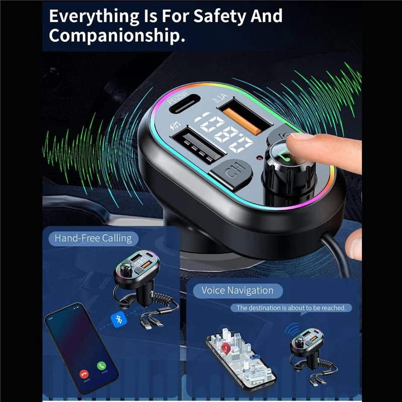 ที่ชาร์จแบตในรถไร้สายบลูทูธ 5.0 เครื่องส่งสัญญาณ FM เครื่องรับวิทยุรองรับห้าอุปกรณ์ชาร์จเพลงไฮไฟ 7 สี