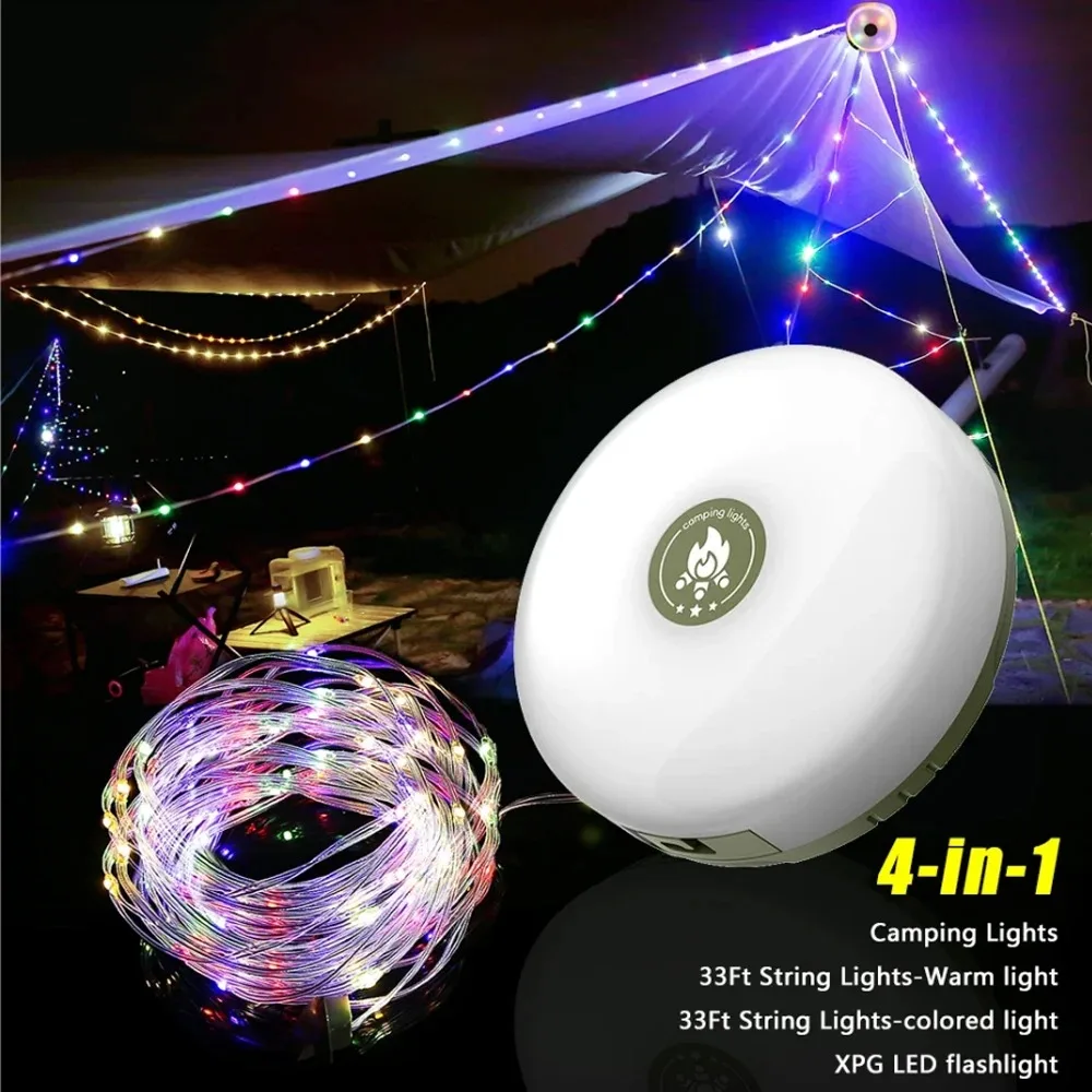 Camping String Lights 2 in1 Outdoor Waterproof Portable Stowable String Light with Lighting Modes USB Camping Lights for Hiking