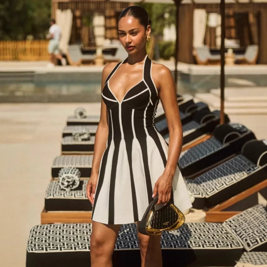 Robe courte à col bas noir et blanc pour femmes, robe de soirée élégante pour les fêtes, les vacances, les spectacles, costume de scène