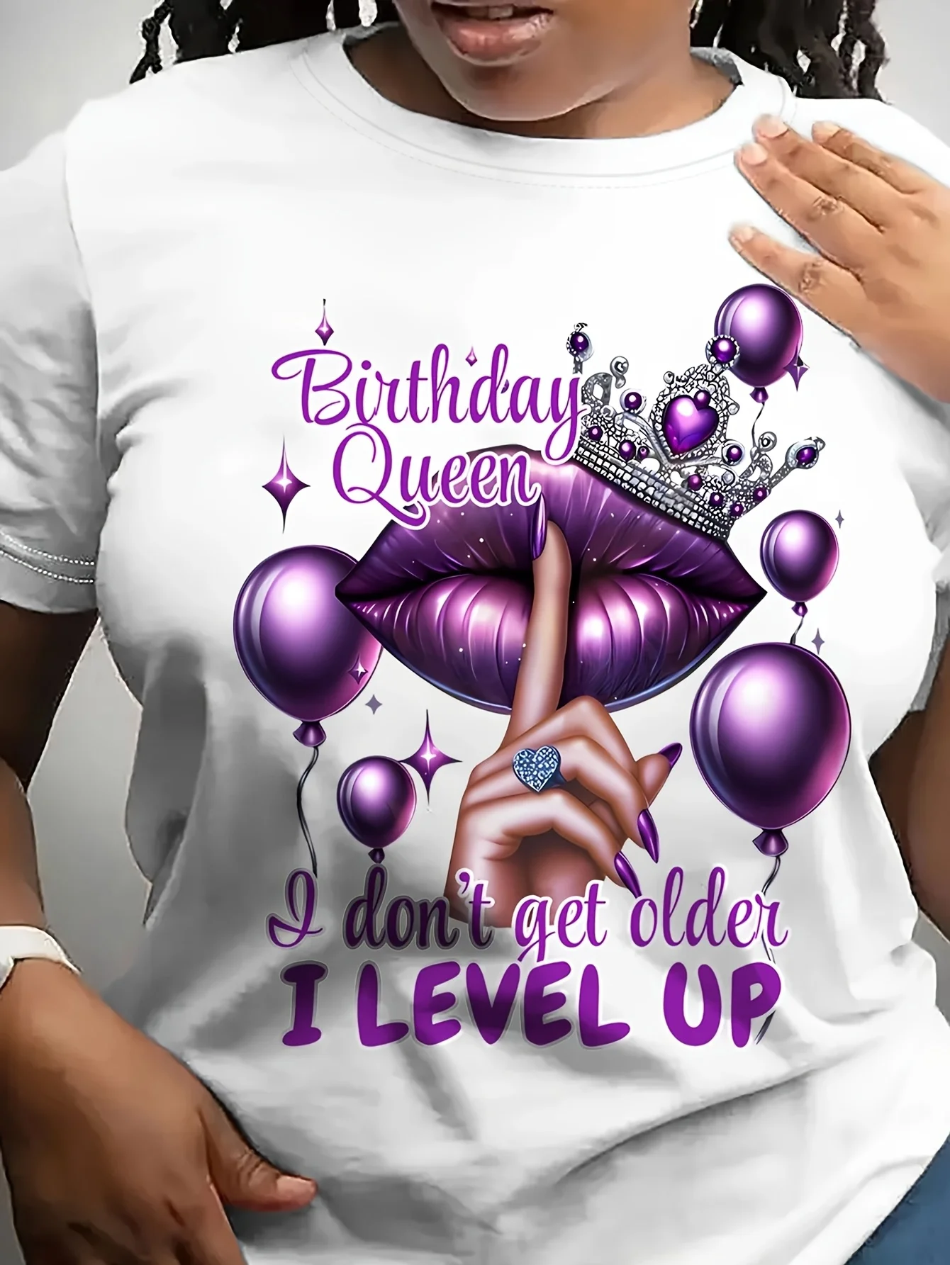Birthday Queen Women's Tee, Purple Lips Crown Graphic White Top