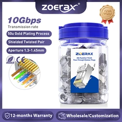 ZoeRax 50-Pack Shielded RJ45 Cat7 Cat6A Pass Through connectors - 3 Prong 8P8C 50U Gold Plated 2-Piece Ethernet Cable Plug