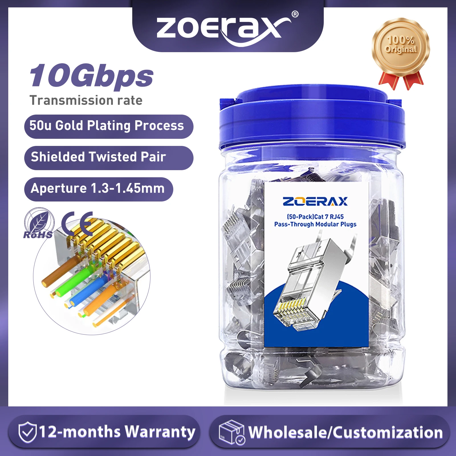 ZoeRax 50 sztuk ekranowanych złącz RJ45 Cat7 Cat6A typu Pass Through - 3-pinowe 8P8C, pozłacane 50U, dwuczęściowe wtyki do kabli Ethernet