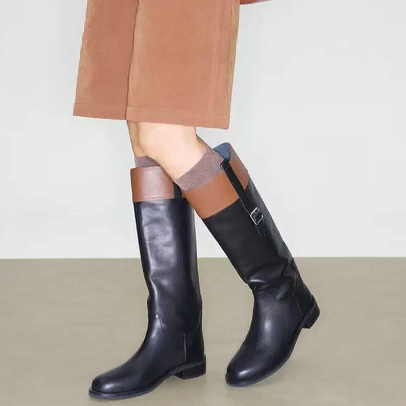 

New Style Metal Buckles Top Wide Shoes Flat Heels Knight Long Boots Women's Wide Fit Knee High Patchwork Round Toe Booties