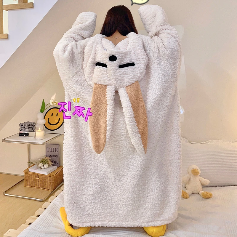 Winter Bathrobe Pajamas Robe Women Sleepwear Coral Velvet Nightie Lovely Rabbit Long Plush Hooded Thick Soft Warm Robes