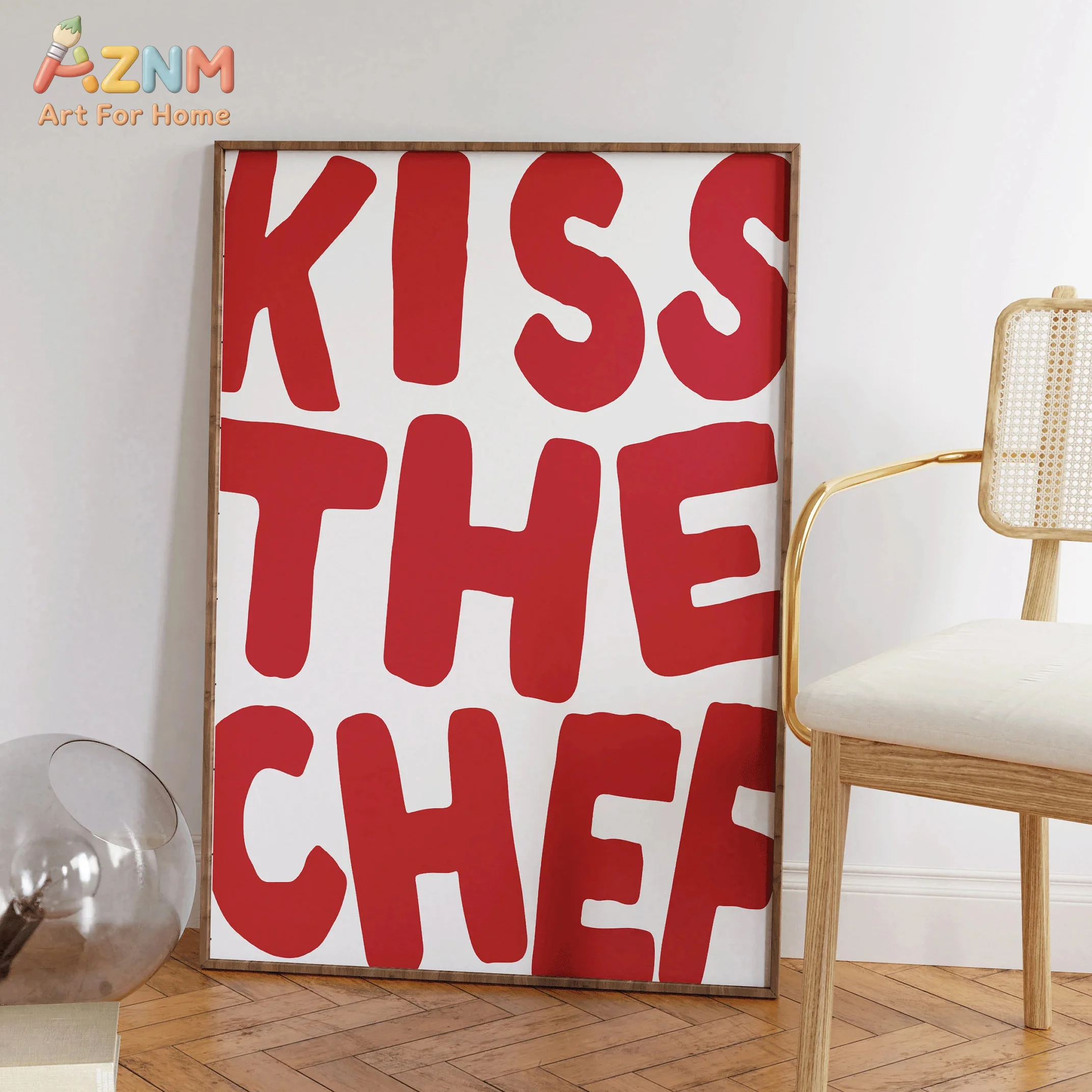 AZNM Kiss The Chef Canvas Print Bold Red White Typography Minimalist Text Wall Poster Unframed Kitchen Dining Room Decor Art