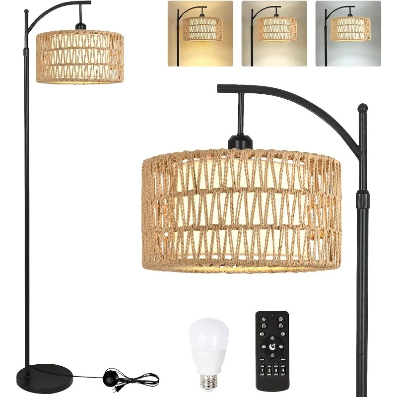 Vloerlamp Voor Woonkamer Slaapkamer Rotan Boho Arc Staande Lamp Met Afstandsbediening Dimbare Zwarte Rieten Bamboe Lamp Schaduwvloer