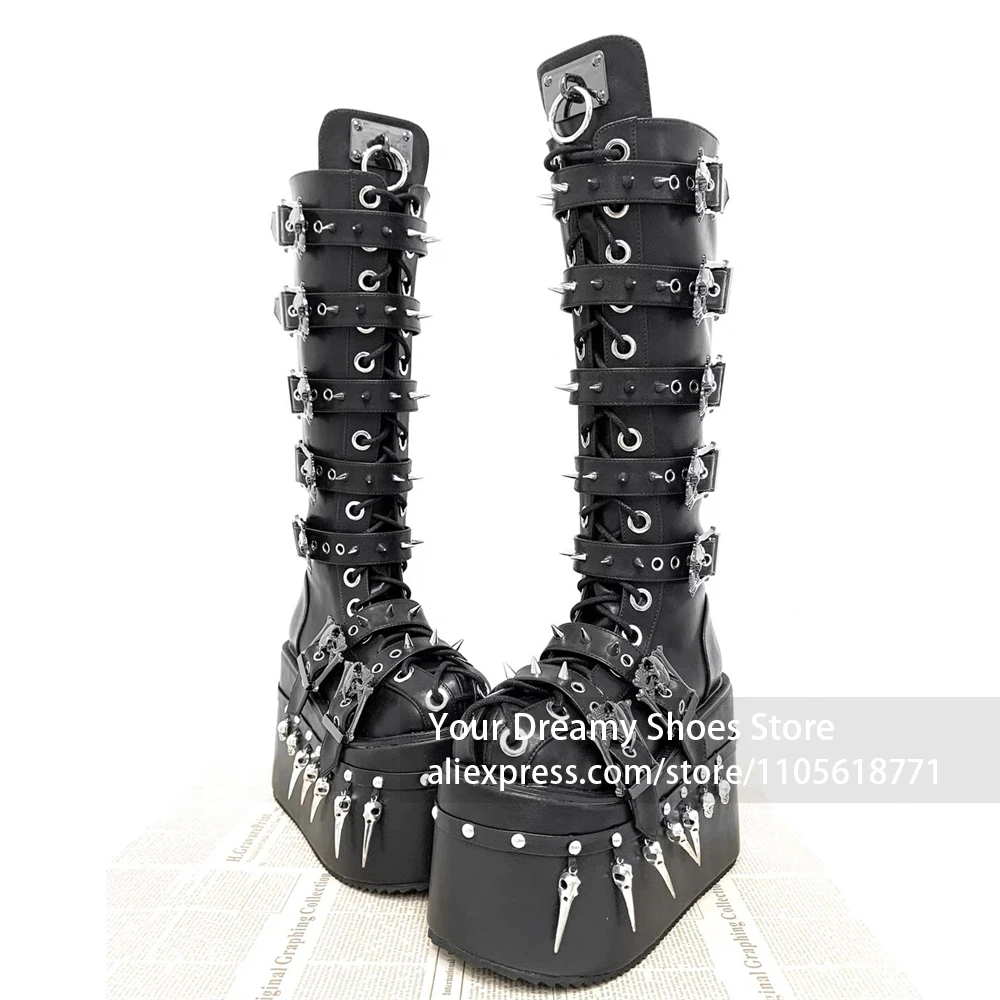 Silver Spikes Studs Embellishments Boots Multi Buckle Straps with Skull Charms Boot Extra Thick Platform Sole Over The Knee Boot