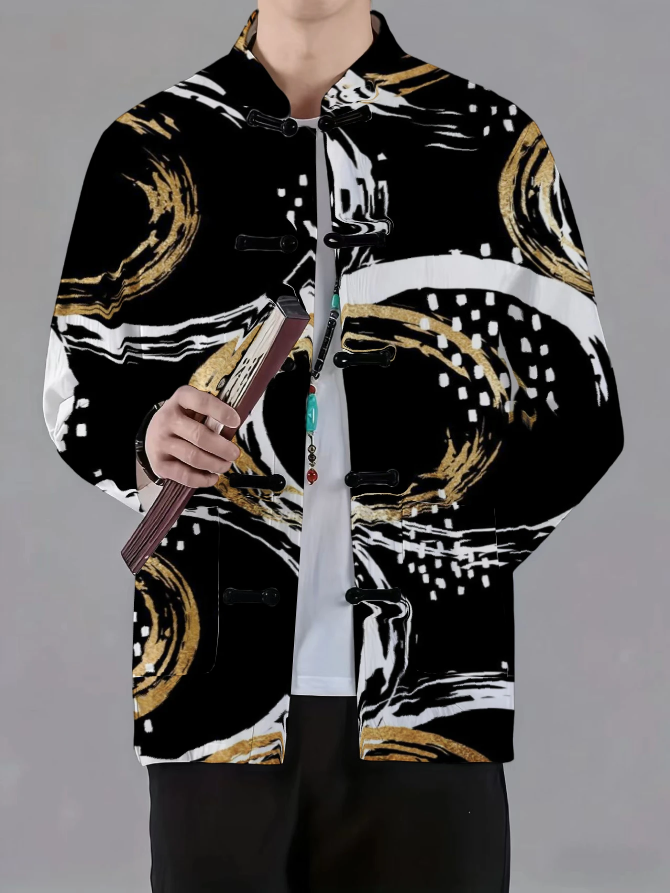 Men Mandarin Collar Frog Button Jacket Tie Dye Brush Block Geometric Abstract Print Traditional Outerwear