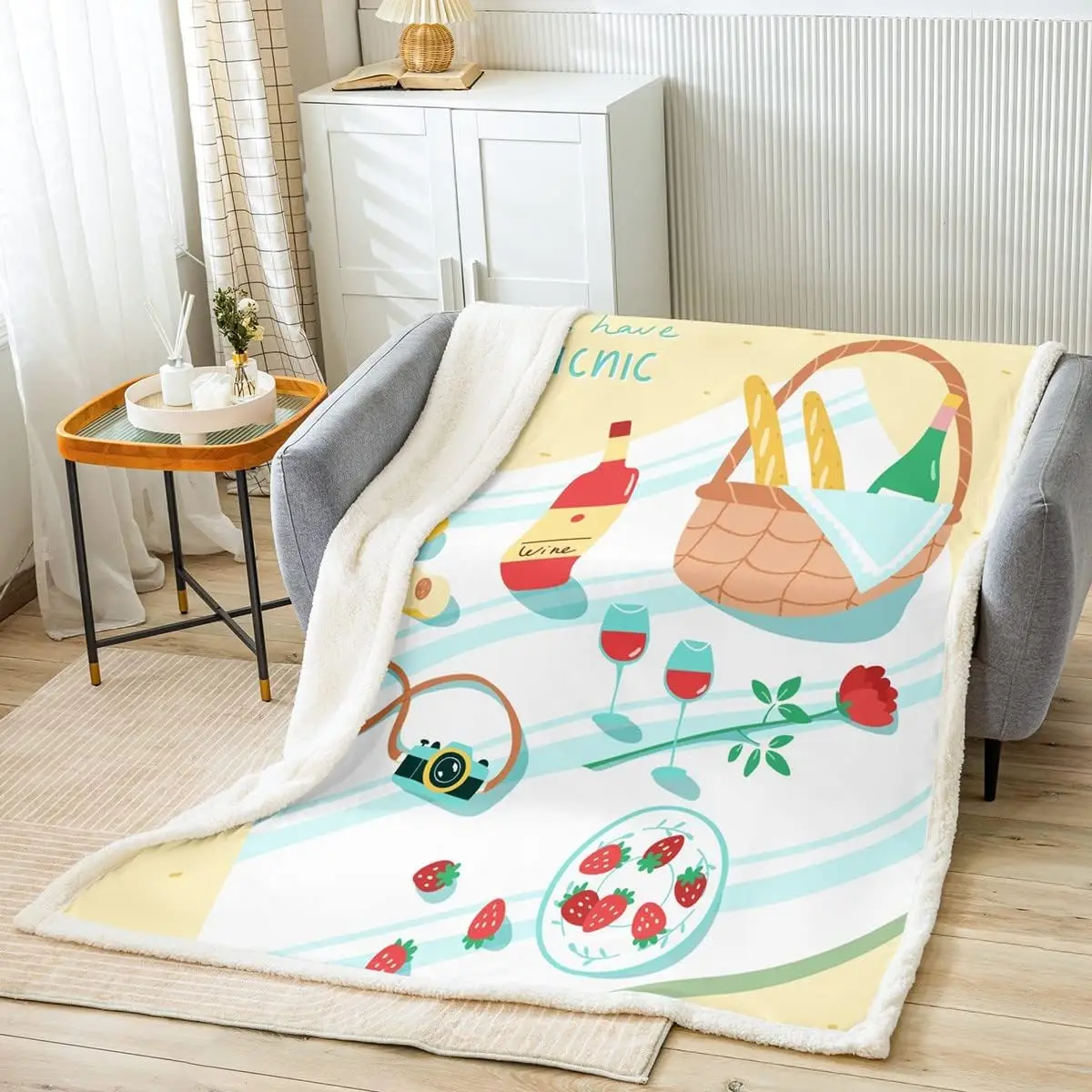 

Summer Picnic Throw Blanket Kids Cartoon Strawberry Fruits Drink Blankets Girls Women Room Decor Camper Traveling Fleece