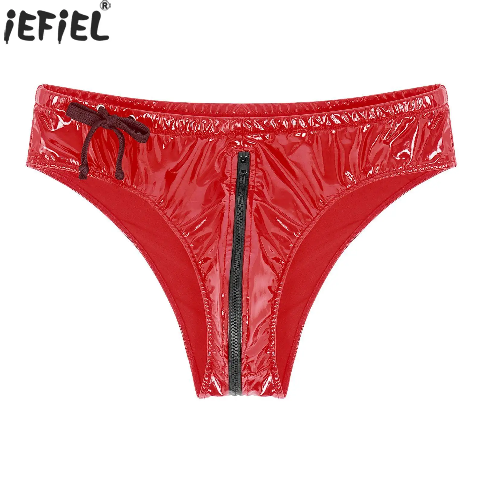 

Mens Sexy Briefs Drawstring Low Waist Zipper Briefs Wet Look Patent Leather Underpants Underwear Club Stage Show Costume