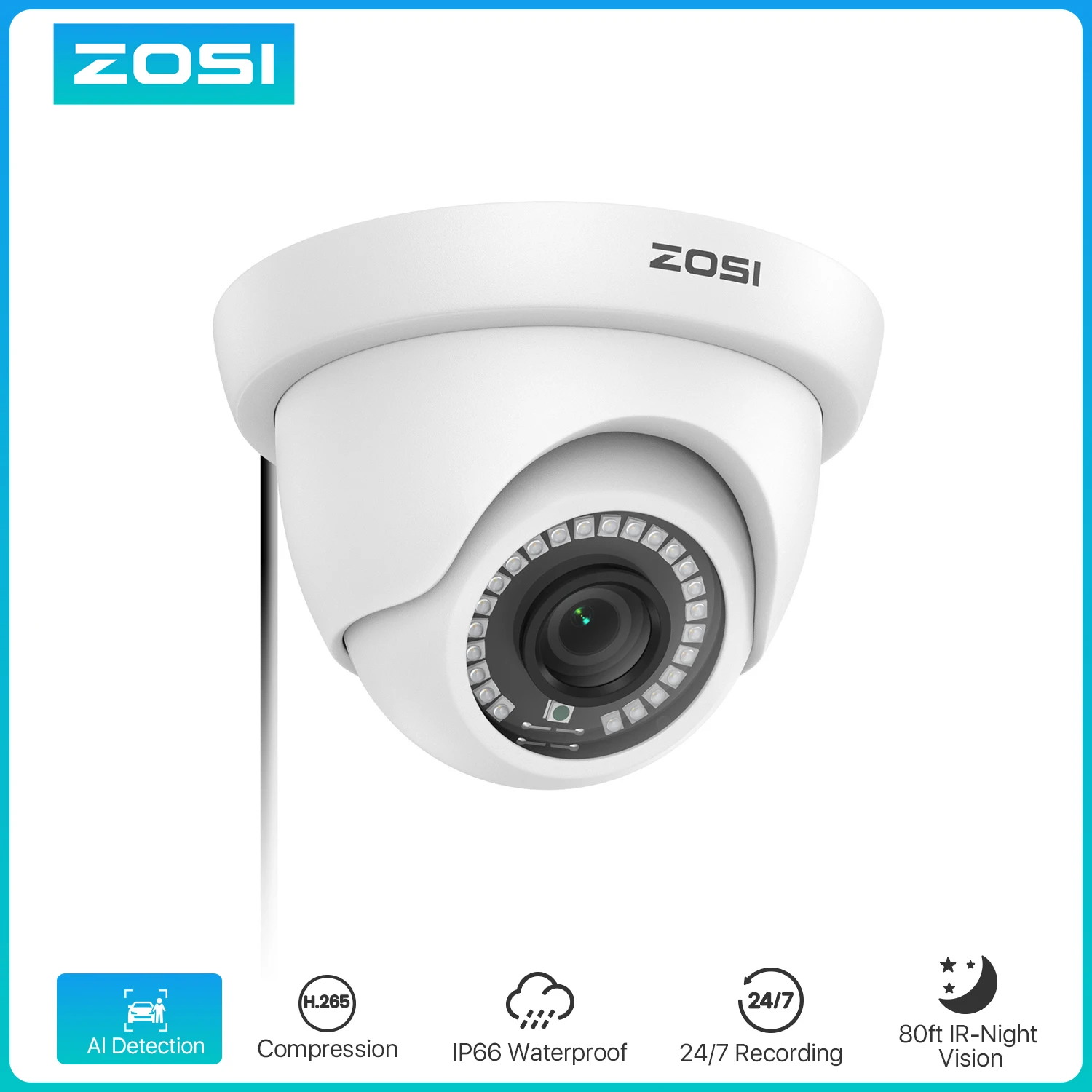 ZOSI 2.0MP HD Security Camera 1080P Hybrid 4-in-1 TVI CVI AHD 960H Dome Surveillance Camera In/Outdoor for Home CCTV DVR System