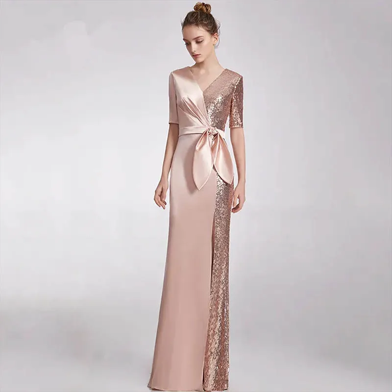 

Stylish Lace Stain Mermaid Mother of the Bride Dresses Rose Gold Long shiny v neck Long Sleeve Formal Wedding Party Gown ﻿