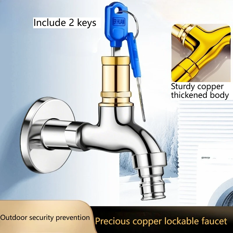 Lockable 4-point outdoor fine copper faucet with anti-theft key and extended quick-opening outdoor water supply switch