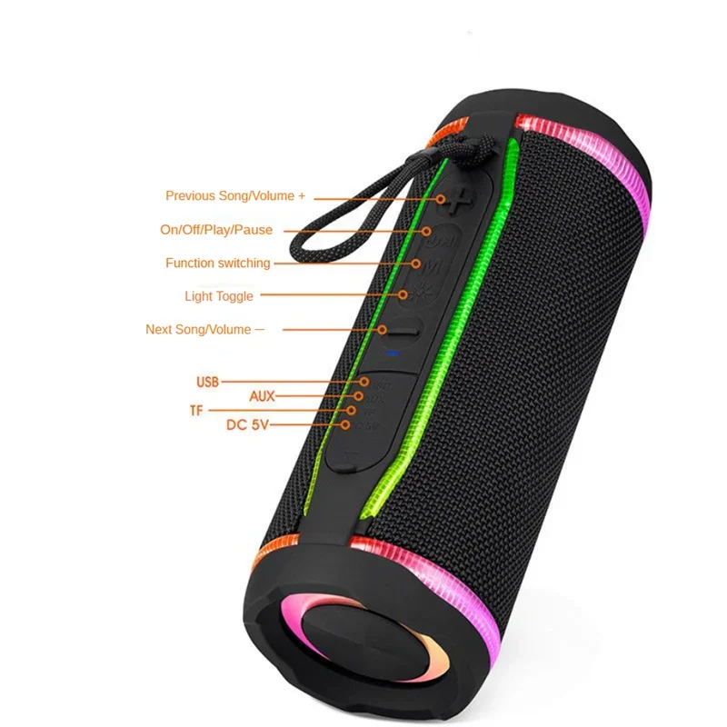 Portable Outdoor Wireless Bluetooth Speaker Hifi Music Stereo Woofer Bass TWS RGB Light Waterproof Fabric Speakers FM USB TF AUX