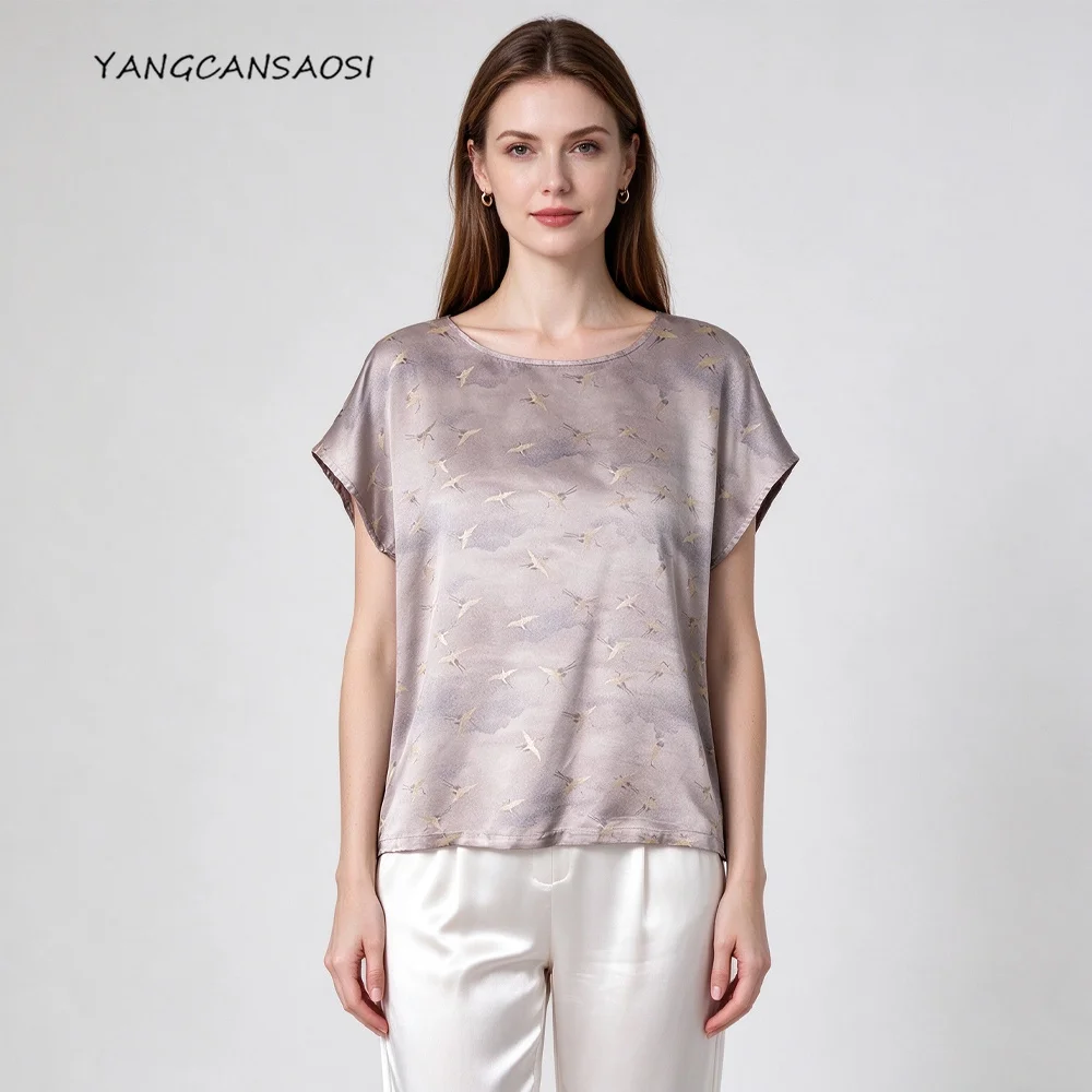 2026 Women's Fashion Clothing Silver Grey Crane Printed 100% Natural Mulberry Silk Song Brocade Round Neck Short Sleeve T-shirt