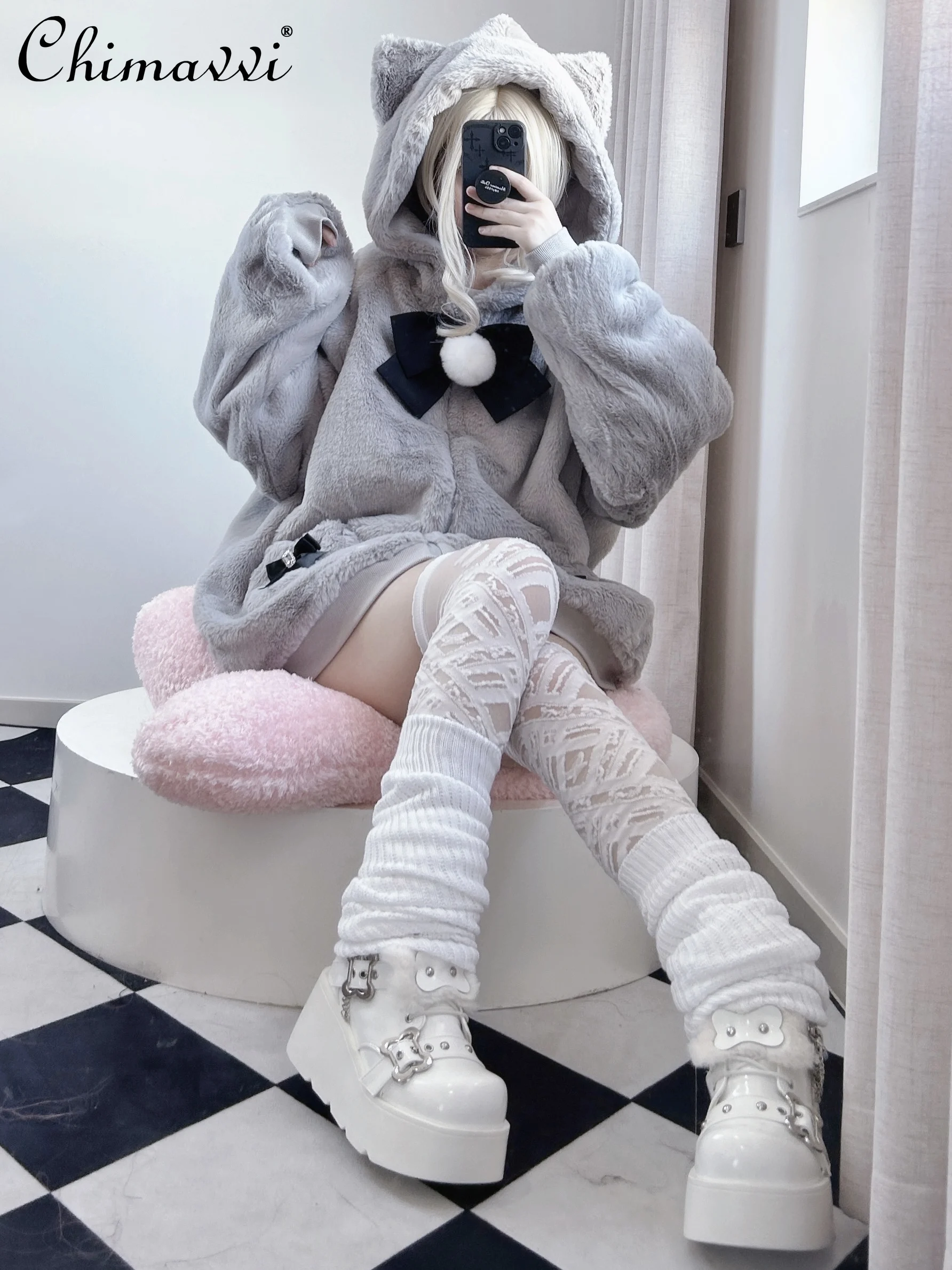 Japanese Mass-produced Mine-style Long-sleeved Fur Coat New Autumn and Winter Sweet and Cute Bow Loose Hooded Jackets Women