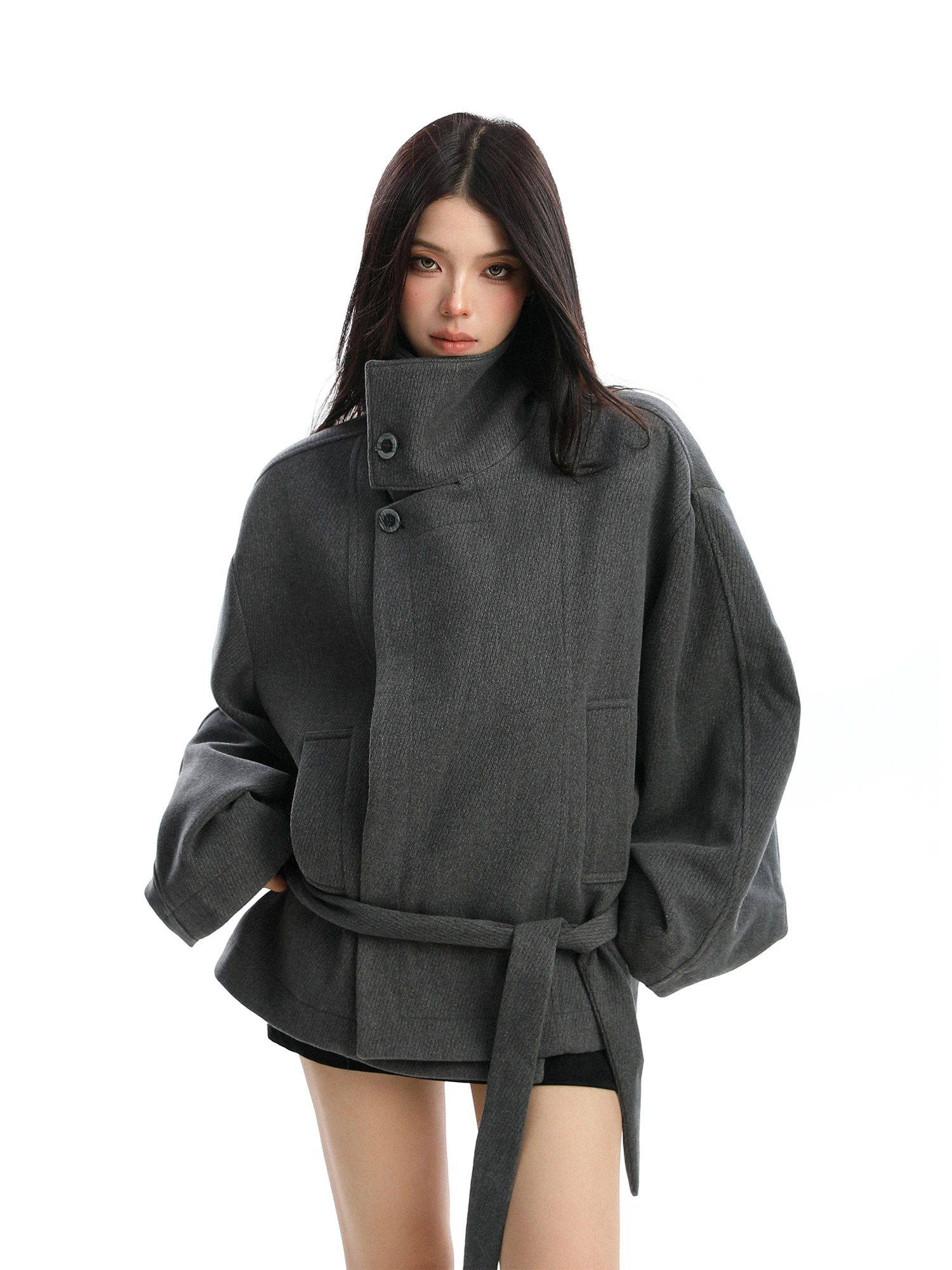 

Корейское шерстяное пальто, женское осенне-зимнее модное пальто с воротником-стойкой и поясом, повседневное уличное пальто