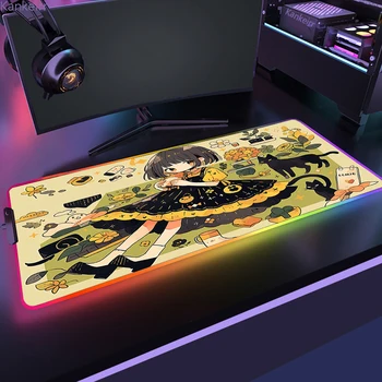 Oil Painting Style Sparkle Mouse Pad LED PC Anime Cute Girl Mousepad RGB Gaming Accessories Keyboard Rug Big Desk Mat XXL Carpet