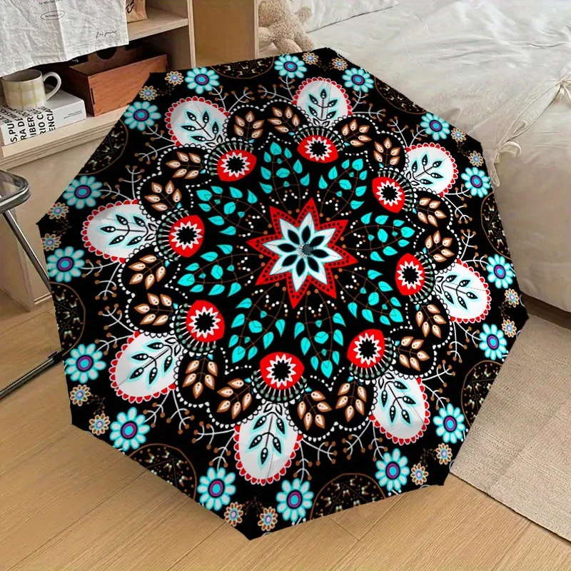 

1pc Floral Mandala Pattern Design Small Travel Compact Windproof Umbrella, Automatic Folding Umbrella, One Touch Auto Open and