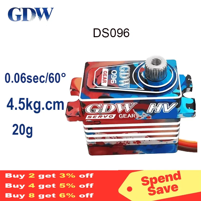 GDW-Waterproof Mini Digital Coreless Servo Full Metal HV DS096 4.5kg IPX8 20g 0.06S 60 °, 1/8, 1/10 RC Car, Climbing, TRX4 Robot