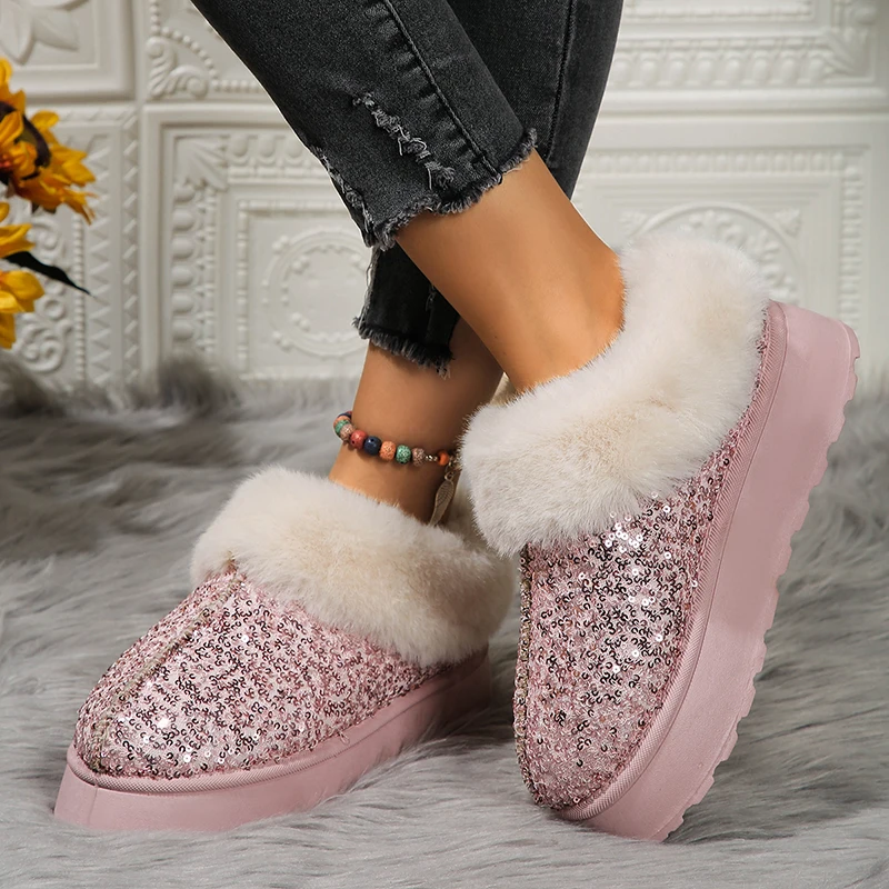 Luxurious Glitter Sequins Womens Plush Ankle Boots Autumn Thick Bottom Platform Snow Boots Ladies Suede Short Plush Shoes Botas