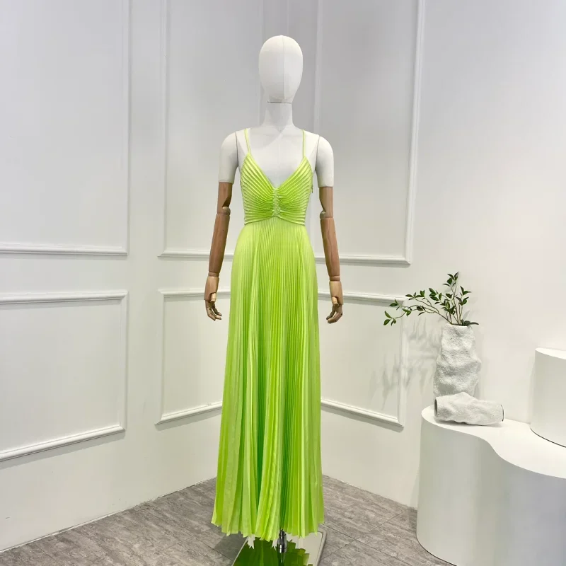 2023 New Green Solid Spring Summer High Quality Blue Color Elegant Pleat Backless Lace-up Sleeveless Woman Long Dress for Party