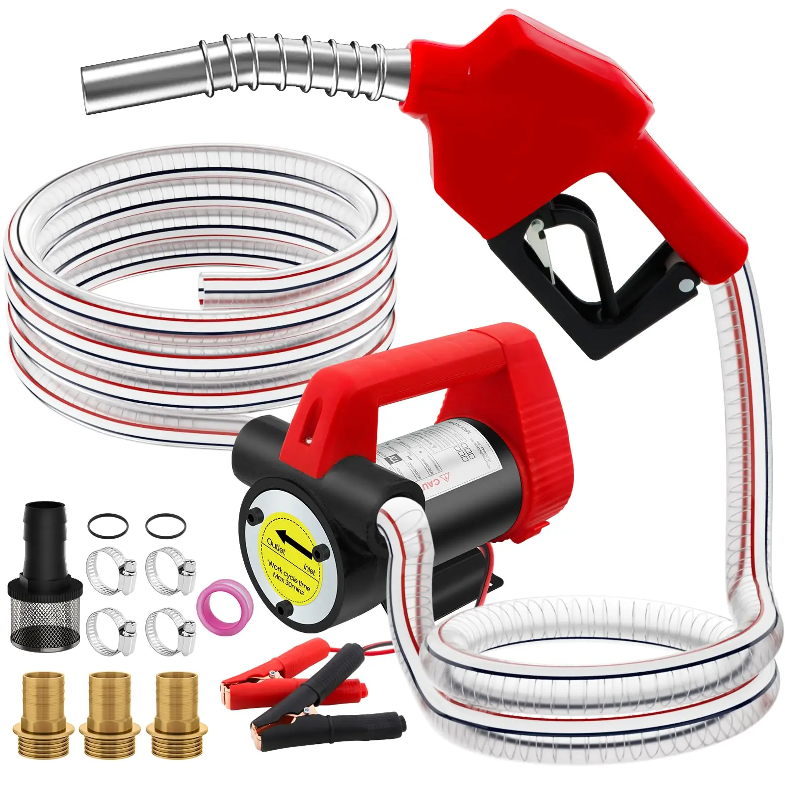 Pompa elettrica per il trasferimento di carburante diesel, 12V, 200W, portata 45L/min, kit di pompe per il trasferimento di carburante con sistema di autoadescamento, dotato di ugello manuale in