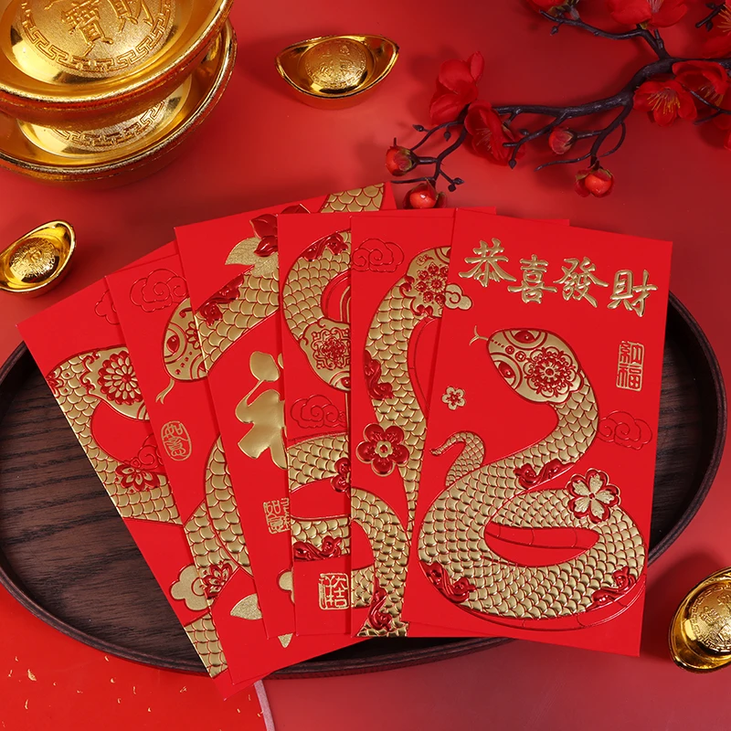 6pcs 2025 Year Of The Snake Cartoon Zodiac New Year Red Envelope Hongbao For Lucky Money,Party Gift Money Wrapping Red Packet