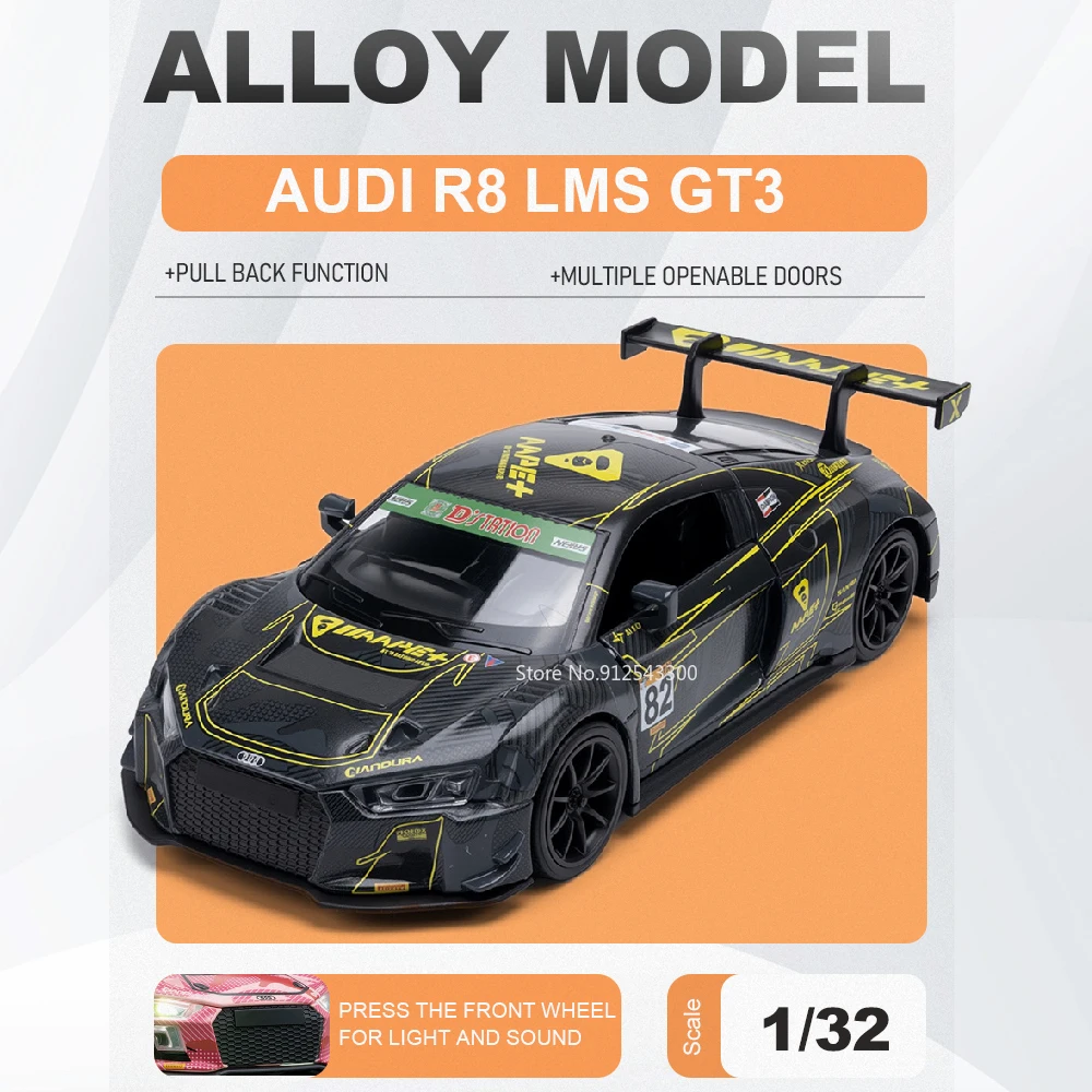 

1:32 Audi R8 LMS GT3 A6L Sports Car Model Toy Metal Body Rubber Tires Cars Sound Light Pull Back Models Toys Gifts for Boys
