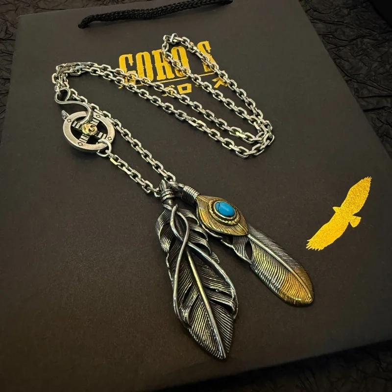 

Japan Tide Takahashi Goros Vintage Turquoise Double Feather Pendant Necklace with Small Round Pendant Fashion Couple Versatile