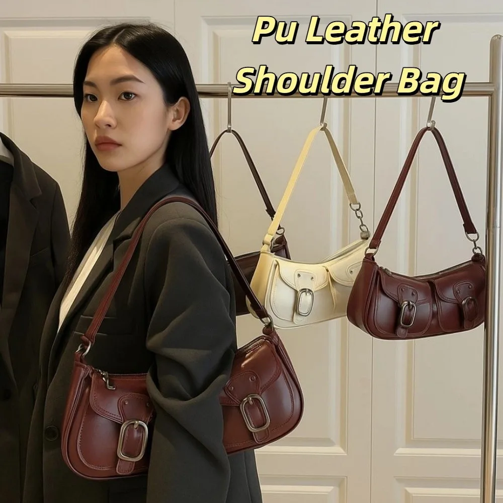 

Chic Vintage Women's Armpit Bag Double Pockets Leisure Pu Leather Shoulder Bag Y2k Harajuku Zipper Handbag Commuting