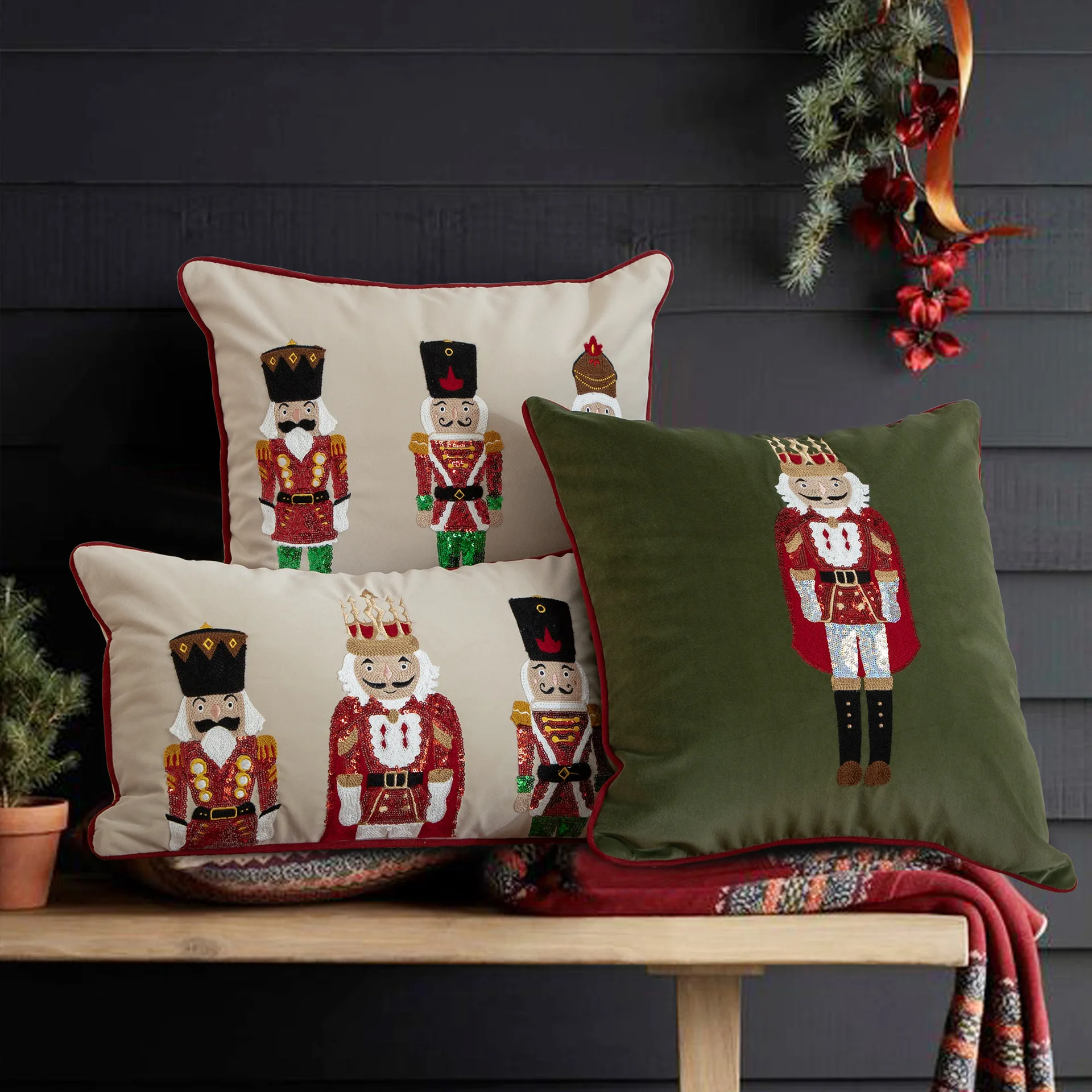 Christmas Decoration Pillow Cover White Embroidered Santa Tree Snowflakes Nutcracker Cushion Cover For Sofa Bed Chair Soft Cozy