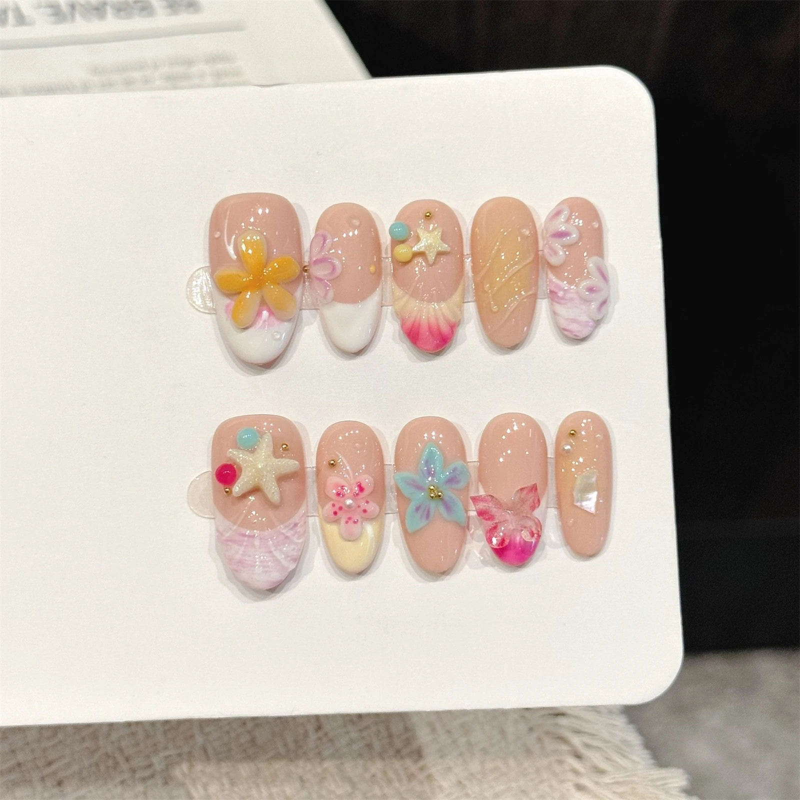 Resin Press on Nails for Beach Vacation Women's 3D Shell Starfish Oval False Nails Handcrafted Manicure Durable Glossy