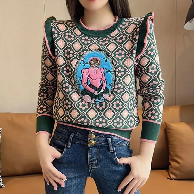 Ruffles Sweater Pullover Women Vintage Cartoon Embroidery Knitwear y2k Tops Female Spring Long Sleeve Woman Sweater Jumper