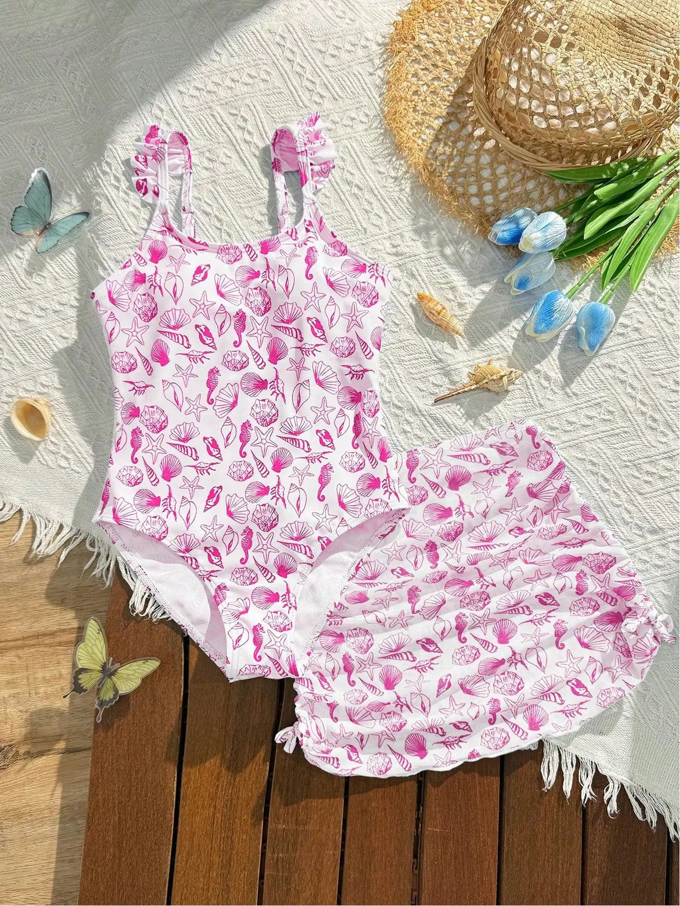 Women's 2-Piece Swimsuit Set With Pink Sea Shell Print And Ruffle Strap