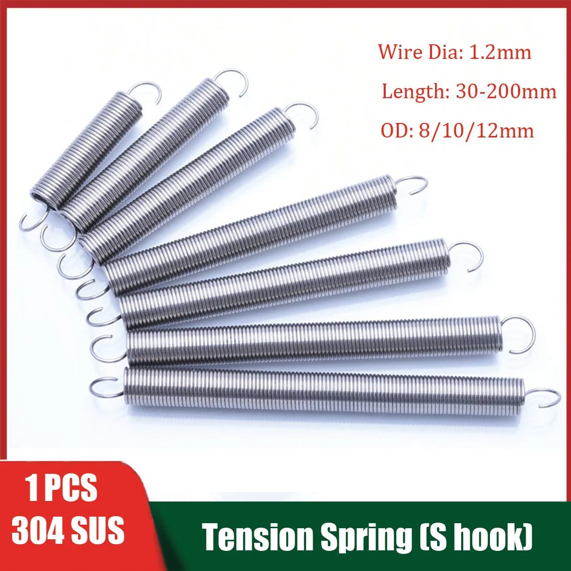 1PCS 1.2mm 304 Stainless Steel Stretch Spring Open Hook Tension Spring Spiral Tension Spring OD 8mm 10mm 12mm Length 30-200mm