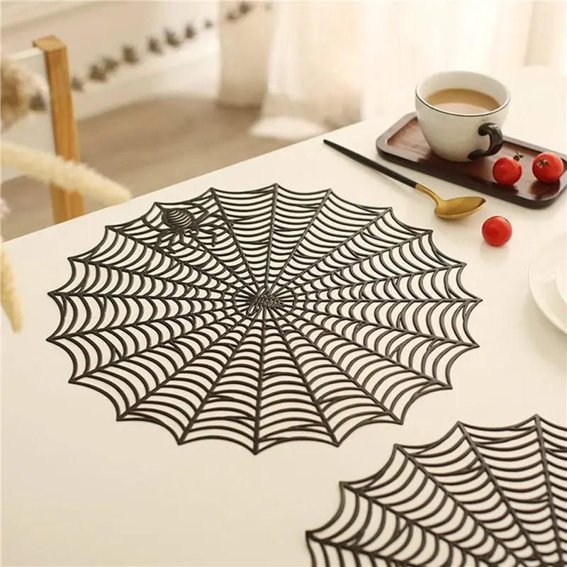 ABYP 24Pcs 15Inch Halloween Spider Web Placemats 3.94Inch Cup Mat Halloween Placemats Spider Web Table Mats