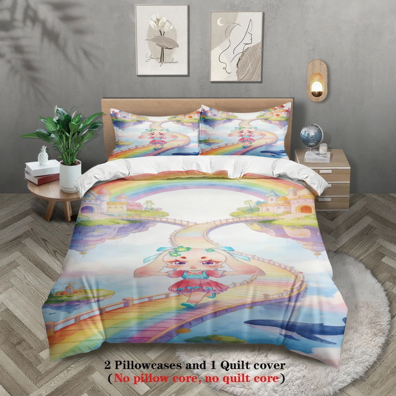 Softville Cozy Town 3PCS Bedding Sets Lop Rabbit Walking On Rainbow Pint Duvet Cover No filling Cartoon Style Queen King Size