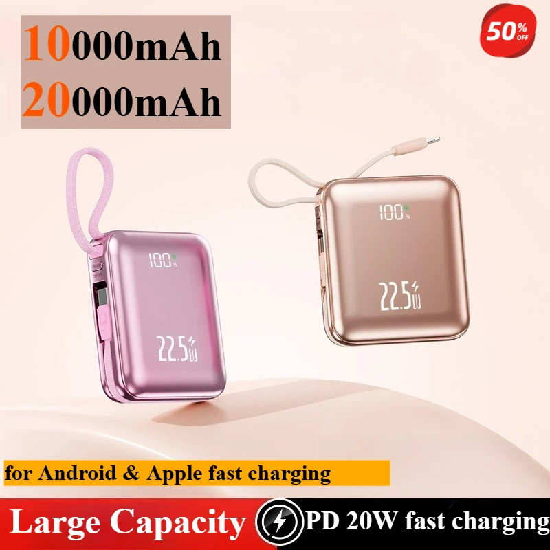 

20000mAh Ultra-Thin Mini Wired Power Bank with Built-in Cable 22.5W Fast Charging Battery for IPhone 15 16 Xiaomi Samsung Huawei