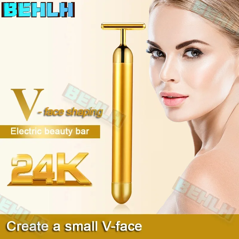 T-Shape Facial Massager Vibrating Beauty Bar 24K Electric Face Slimming Rod Golden Stick Tightening Skin Electric Massage Roller